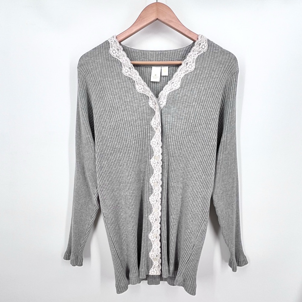 Victorias Secret Y2K Button Front Long Sleeve Cardigan Top Sz L Gray Lace Trim